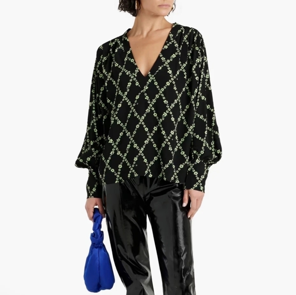GANNI Black Green Purple Flowers Crepe Balloon Sleeve V Neck Blouse Size 38, 6
